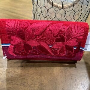 Red Floral Embroidered Women's Cloth Wallet, NWT, Absolutely Gorgeous, 4 x 8.
